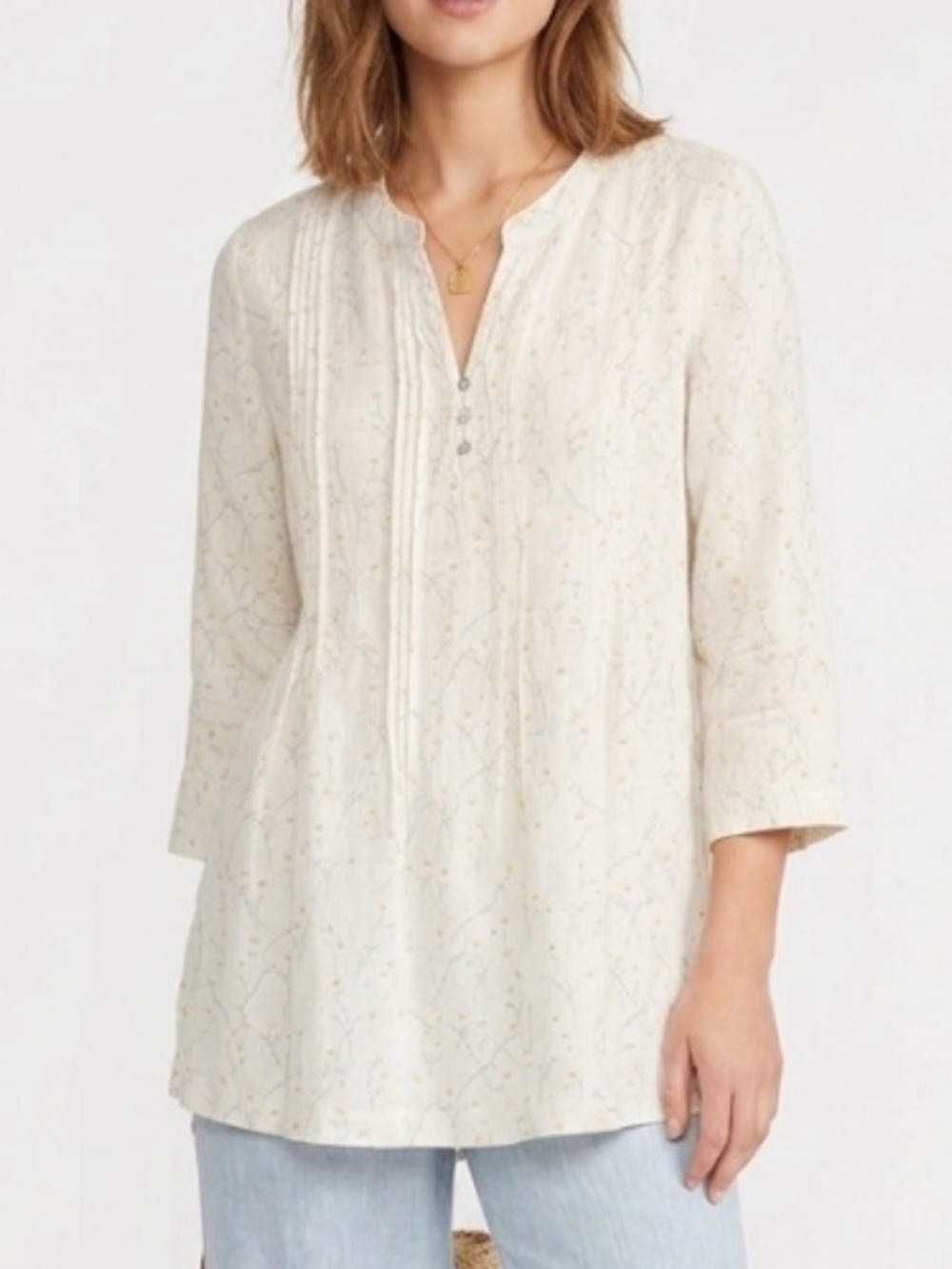 Cynthia Rowley 100% Linen White Pintuck Split Neck 3/4 Sleeve Blouse